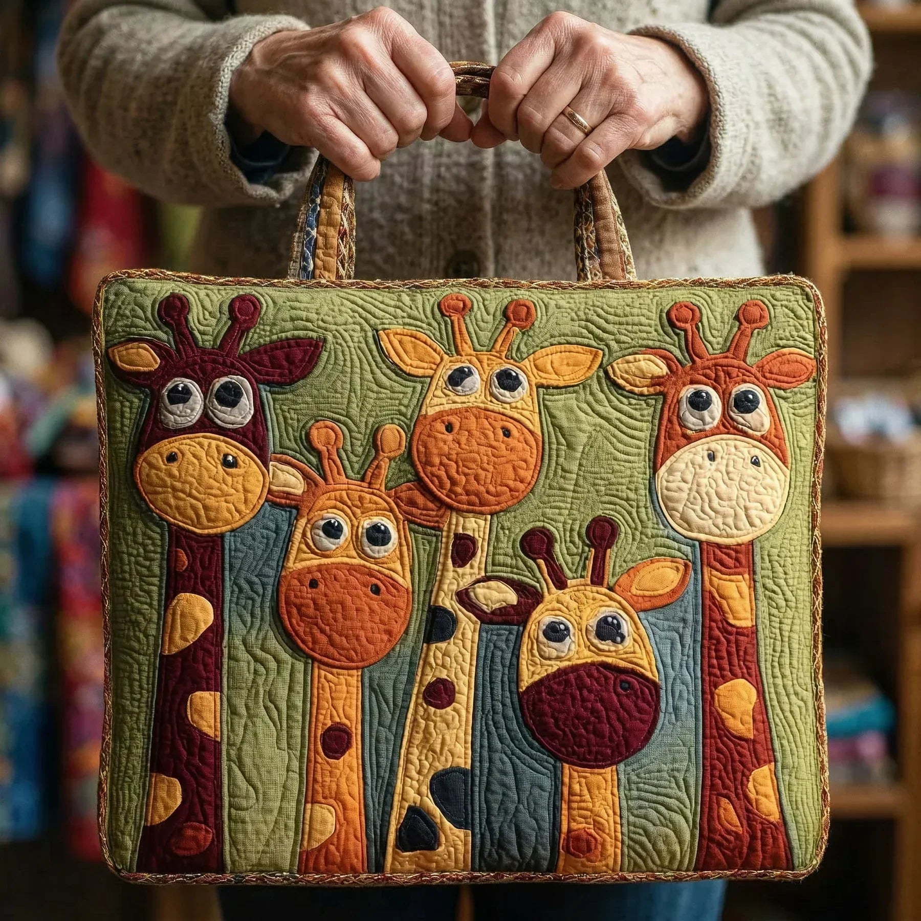 Woman carrying the Giraffe artisan quilted tote bag