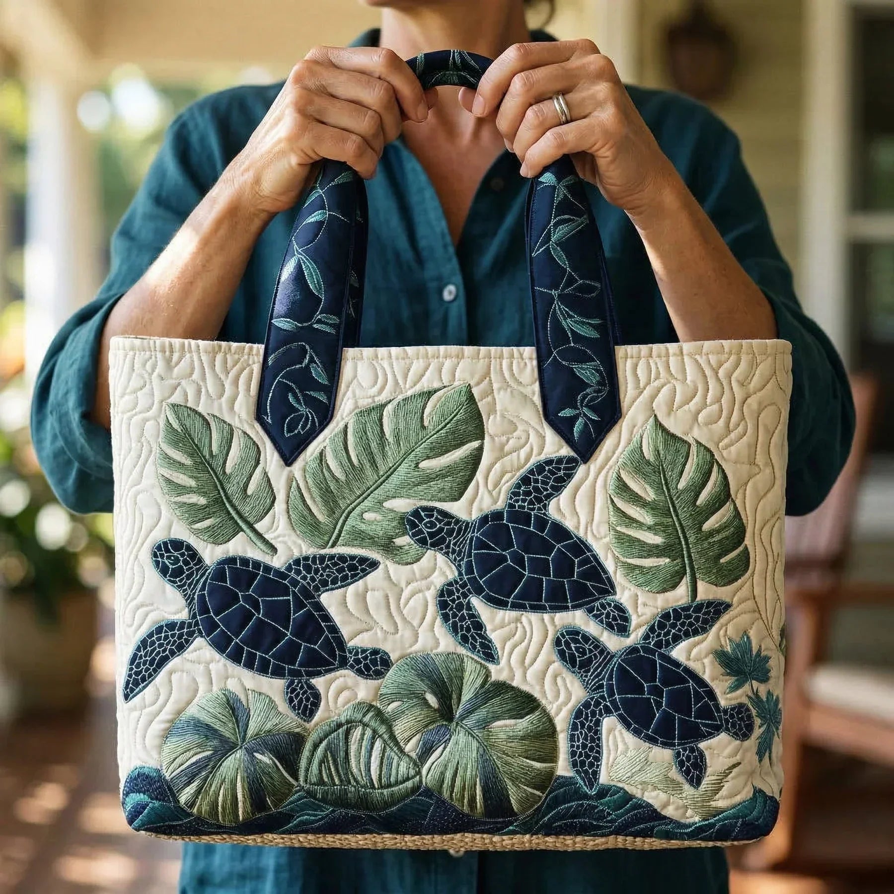 Woman carrying the Grace of the Sea Turtle artisan quilted tote bag