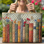 Woman carrying the Enchanted Library artisan quilted tote bag