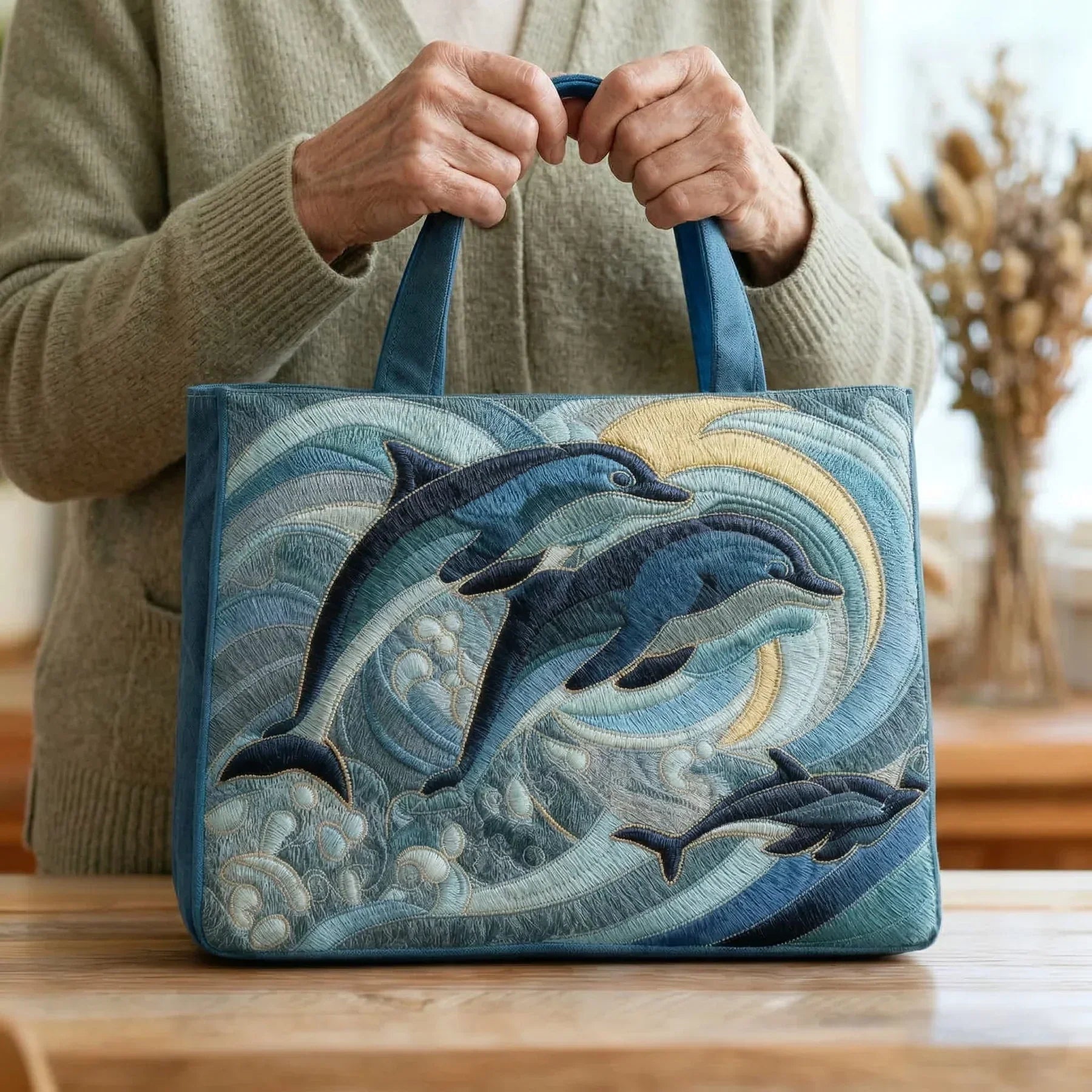 Woman carrying the Ocean Dolphin artisan quilted tote bag