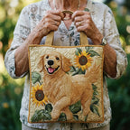 Woman carrying the Golden Retriever artisan quilted tote bag