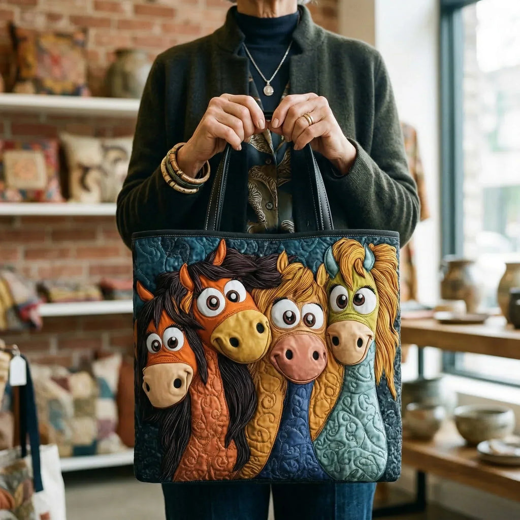 Woman carrying the Playful Ponies artisan quilted tote bag