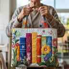 Woman carrying the Floral Library artisan quilted tote bag