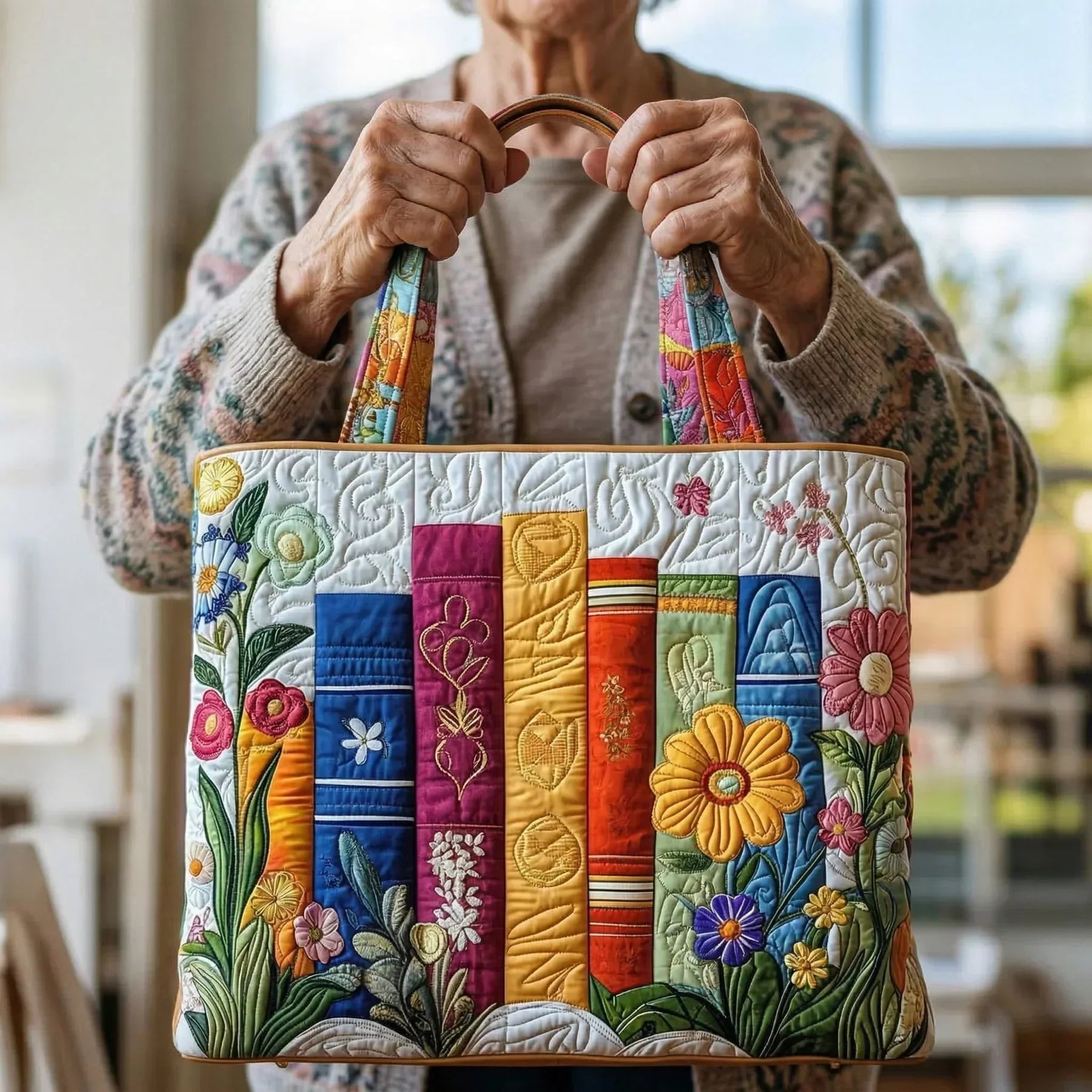 Woman carrying the Floral Library artisan quilted tote bag