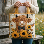 Woman carrying the Highland Cow with Sunflowers artisan quilted tote bag
