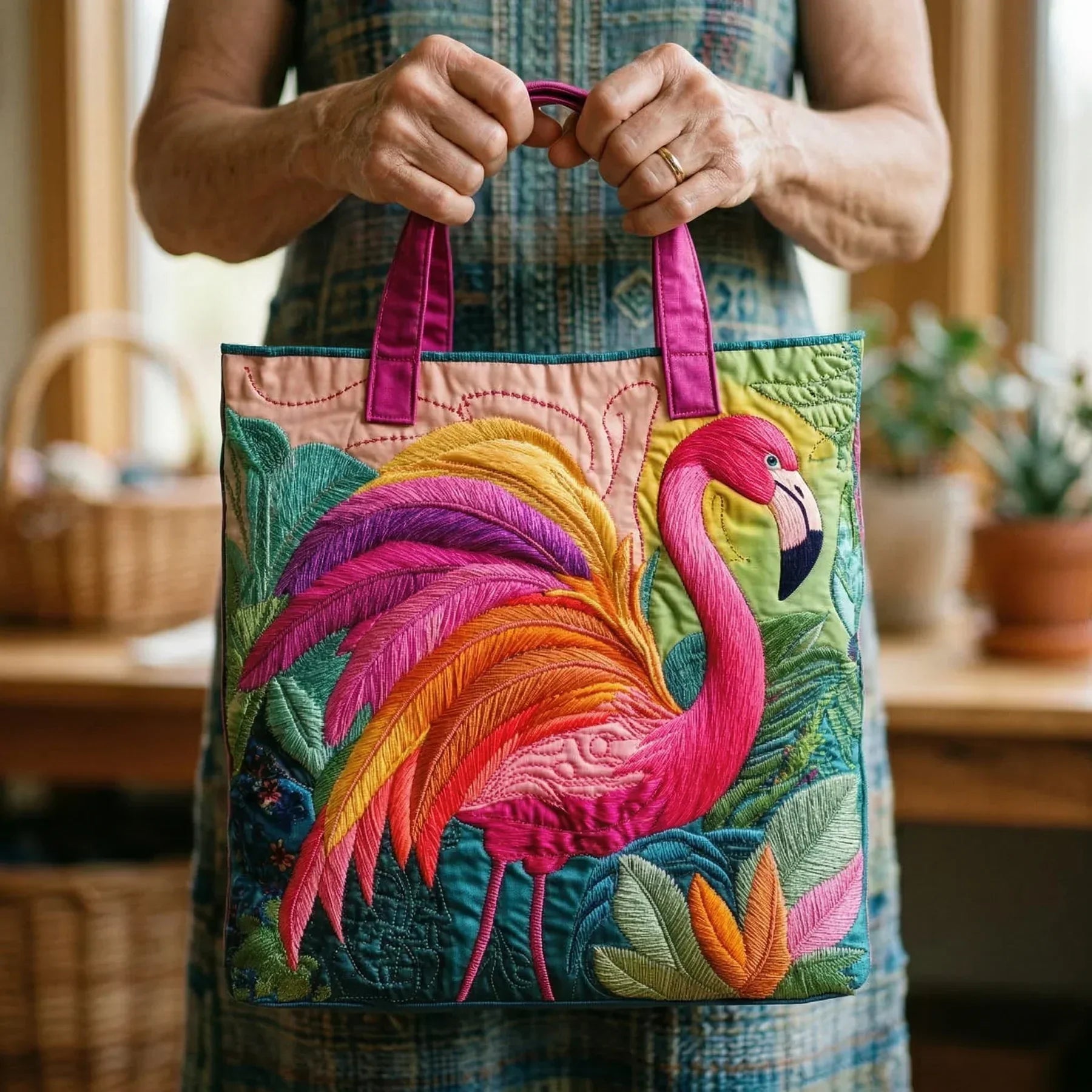 Woman carrying the Rainbow Flamingo artisan quilted tote bag