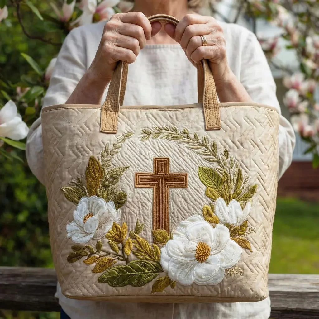 Woman carrying the Sacred Cross artisan quilted tote bag