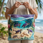 Woman carrying the Spirit of the Lagoon artisan quilted tote bag