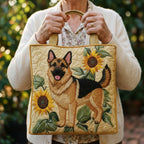 Woman carrying the German Shepherd and Flowers artisan quilted tote bag