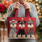 Woman carrying the Trio of Schnauzers artisan quilted tote bag