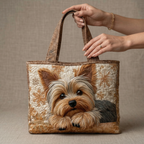 Woman carrying the Adorable Yorkshire Terrier artisan quilted tote bag