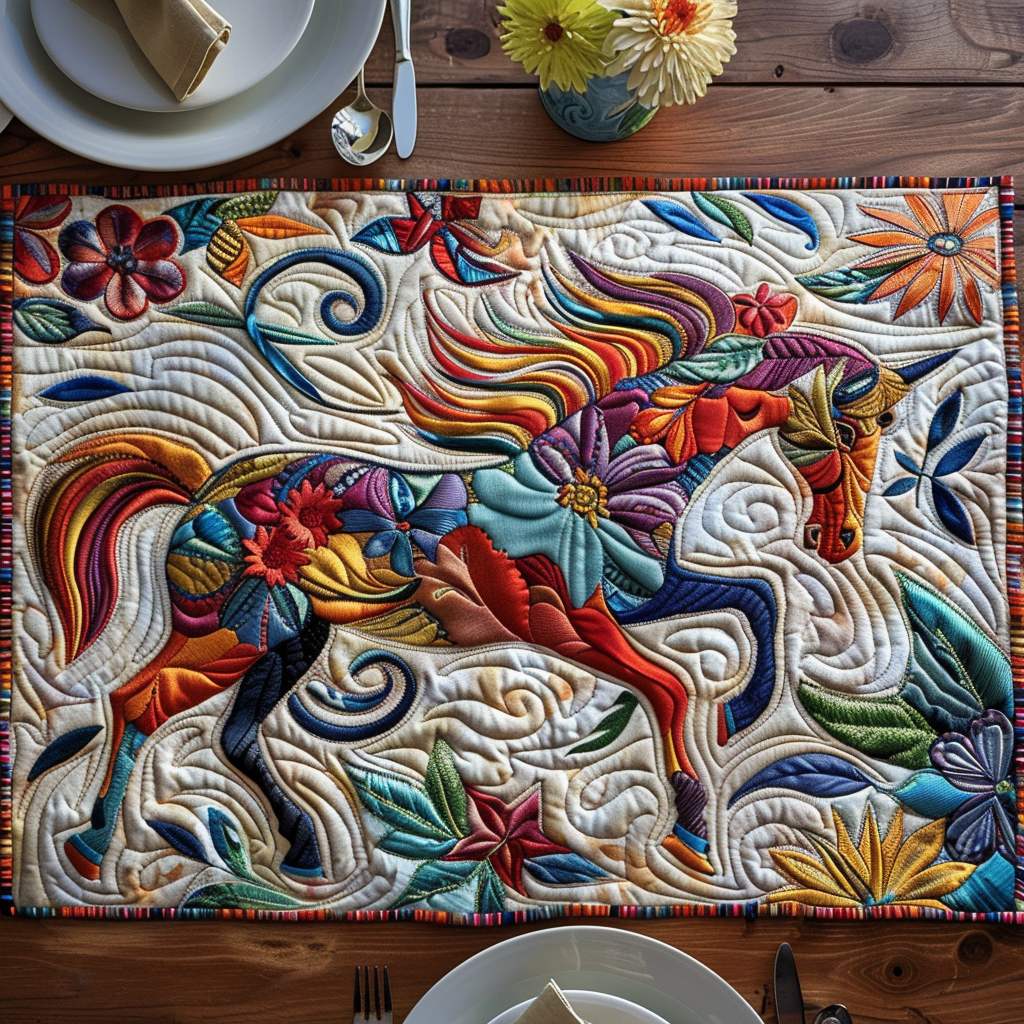 Folk Art Horse quilted placemats – colourful folk art horse