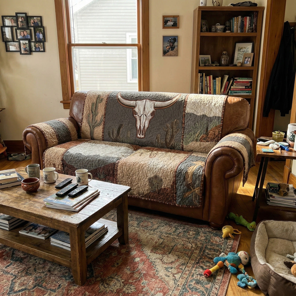 Quilted Sofa Cover - Sagebrush Longhorn