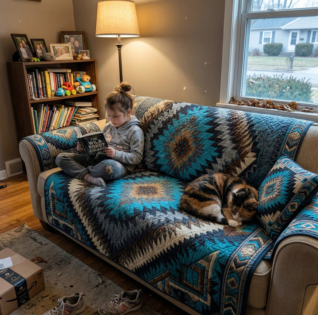 Quilted Sofa Cover - Turquoise Mesa