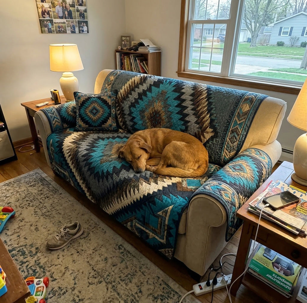 Quilted Sofa Cover - Turquoise Mesa