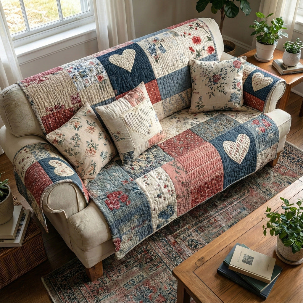 Quilted Sofa Cover - Retro Floral Heart