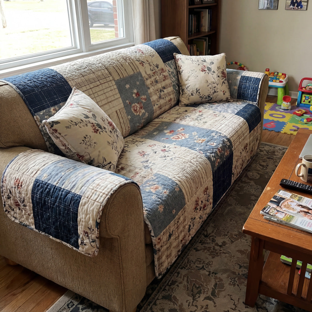 Quilted Sofa Cover - Indigo Patchwork