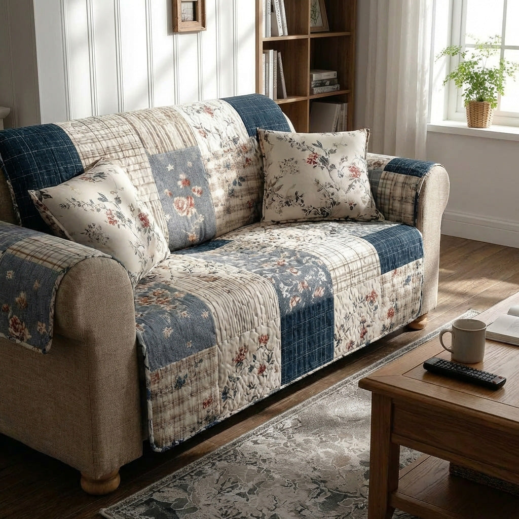Quilted Sofa Cover - Indigo Patchwork