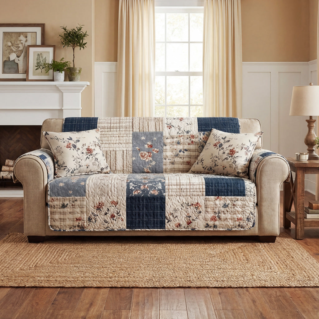 Quilted Sofa Cover - Indigo Patchwork