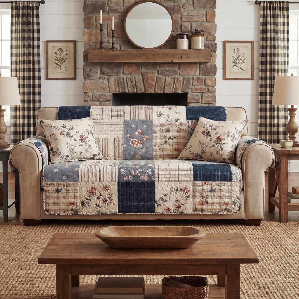Quilted Sofa Cover - Indigo Patchwork