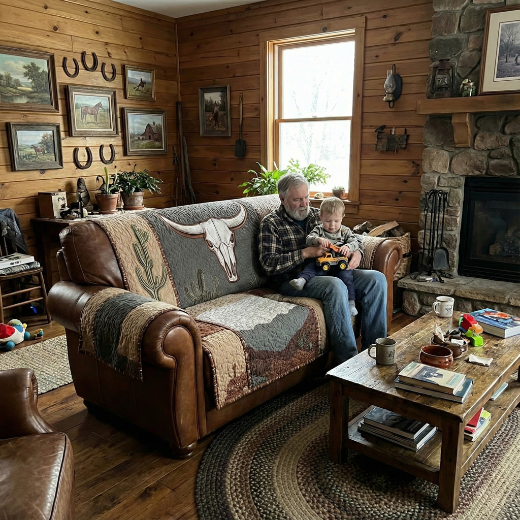Quilted Sofa Cover - Sagebrush Longhorn