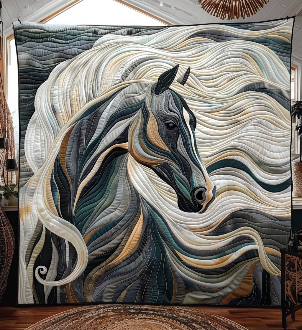 Grey Horse Swirl quilted throw – grey horse with a flowing white mane