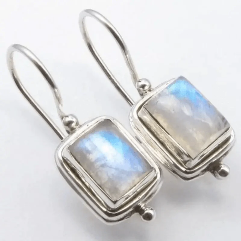 Silver-tone drop earrings with a square moonstone-effect stone
