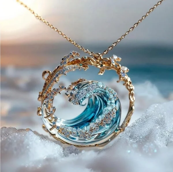 Blue ocean wave pendant necklace with crystals