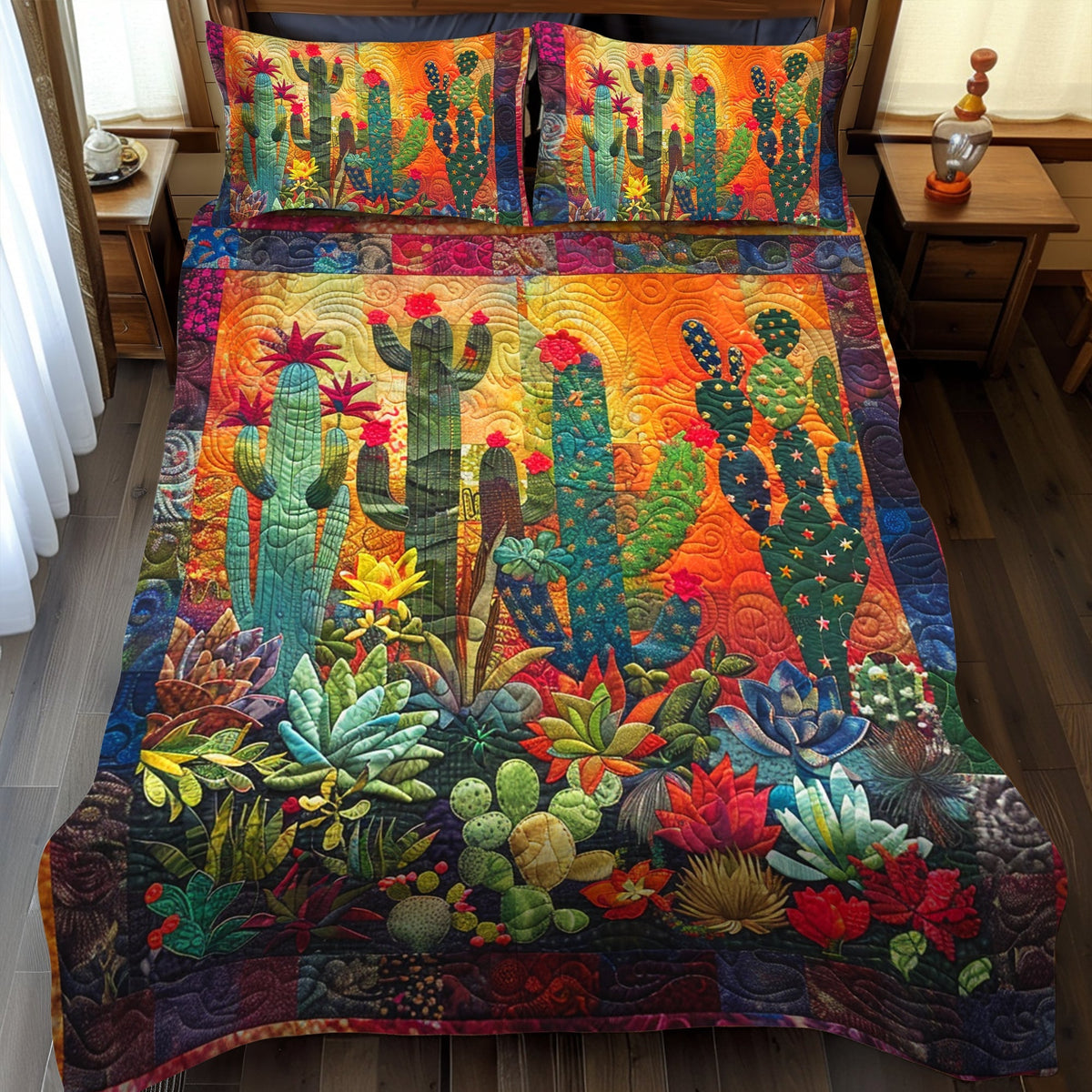 Desert Sunset Garden quilted bedspread set – cacti against an orange desert sunset