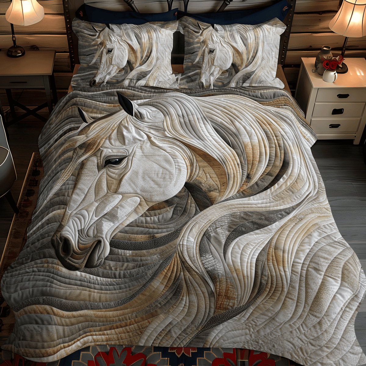 White Horse Mane quilted bedspread set – white horse with a flowing mane