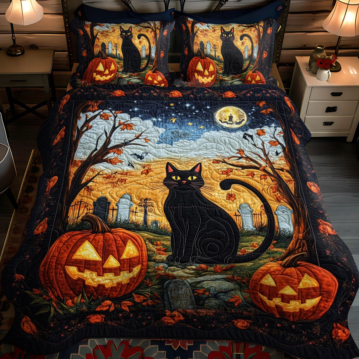 Black Cat and Pumpkins quilted bedspread set – black cat between jack-o'-lanterns