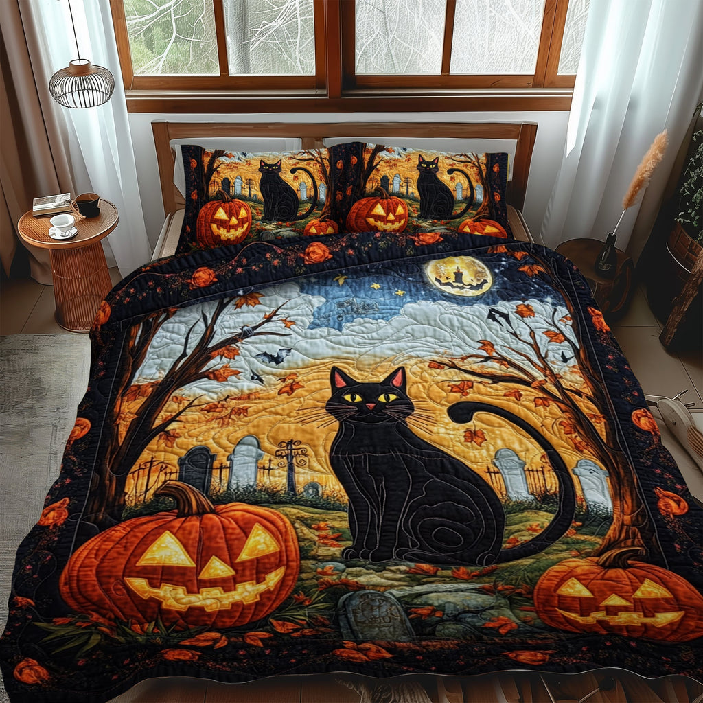 3-Piece Quilted Bedspread Set - Black Cat and Pumpkins – view 2