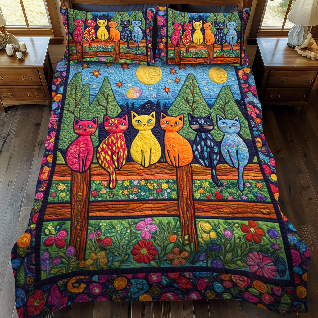 Cats on the Fence quilted bedspread set – colourful cats on a garden fence