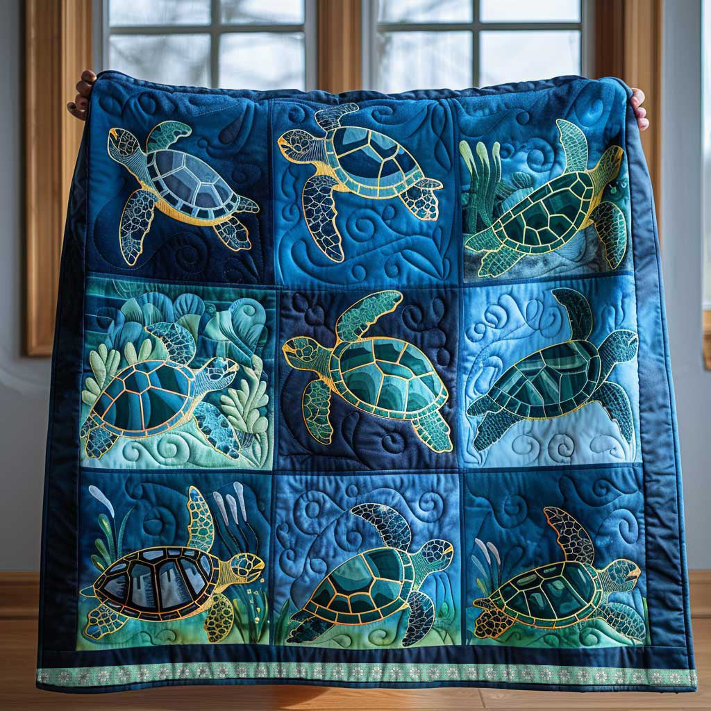 Sea Turtles on Navy quilted throw – sea turtles in blue squares on navy