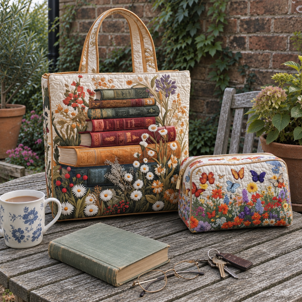 Meadow Floral tote and Bloom Garden makeup bag together on a garden table