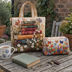 Meadow Floral tote and Bloom Garden makeup bag together on a garden table