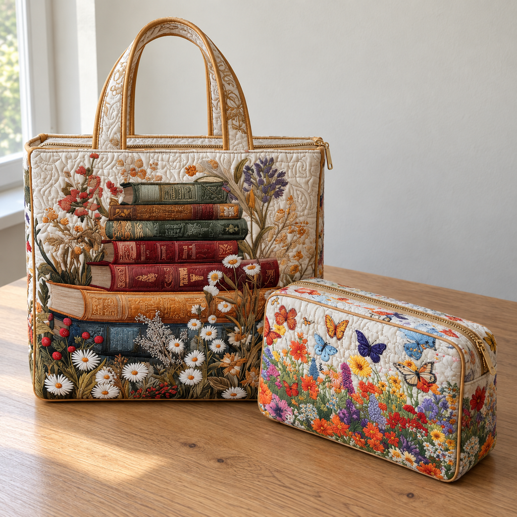 Meadow Floral quilted tote and Bloom Garden makeup bag set
