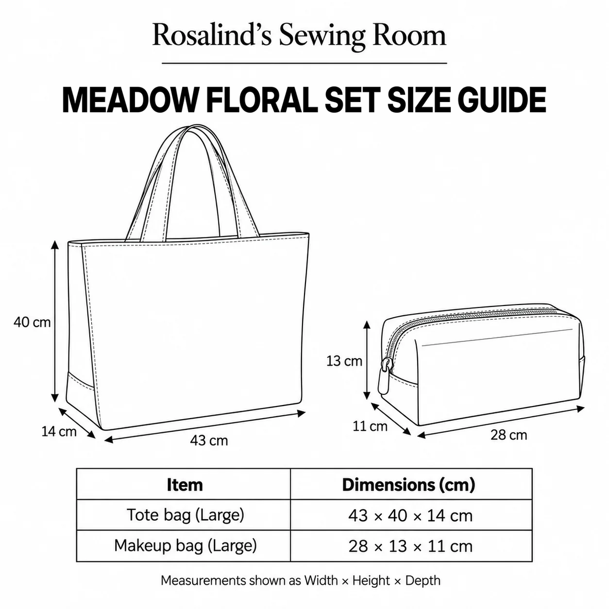 Meadow Floral Set size guide: tote 43 x 40 x 14 cm, makeup bag 28 x 13 x 11 cm