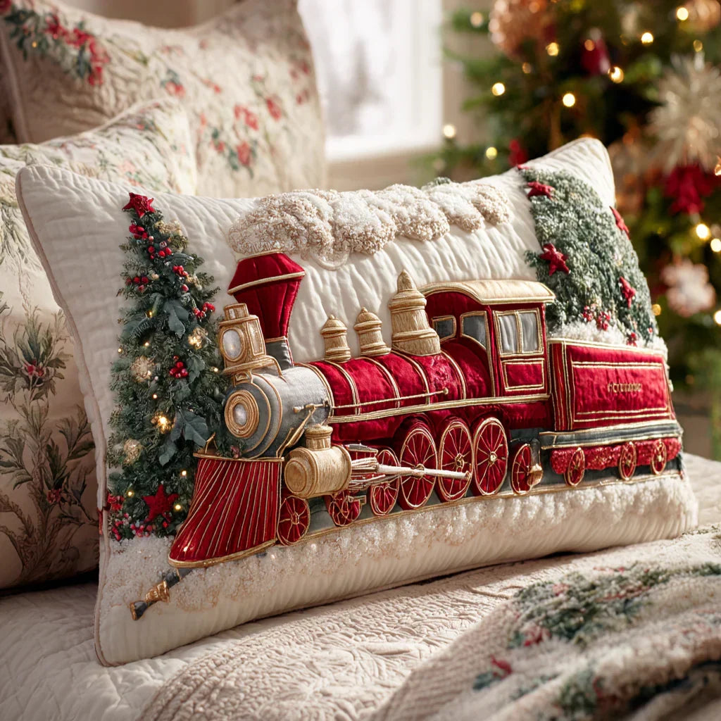 Quilted pillowcase with the Christmas Steam Train design, a steam locomotive coming through deep snow with lamps lit and smoke rising
