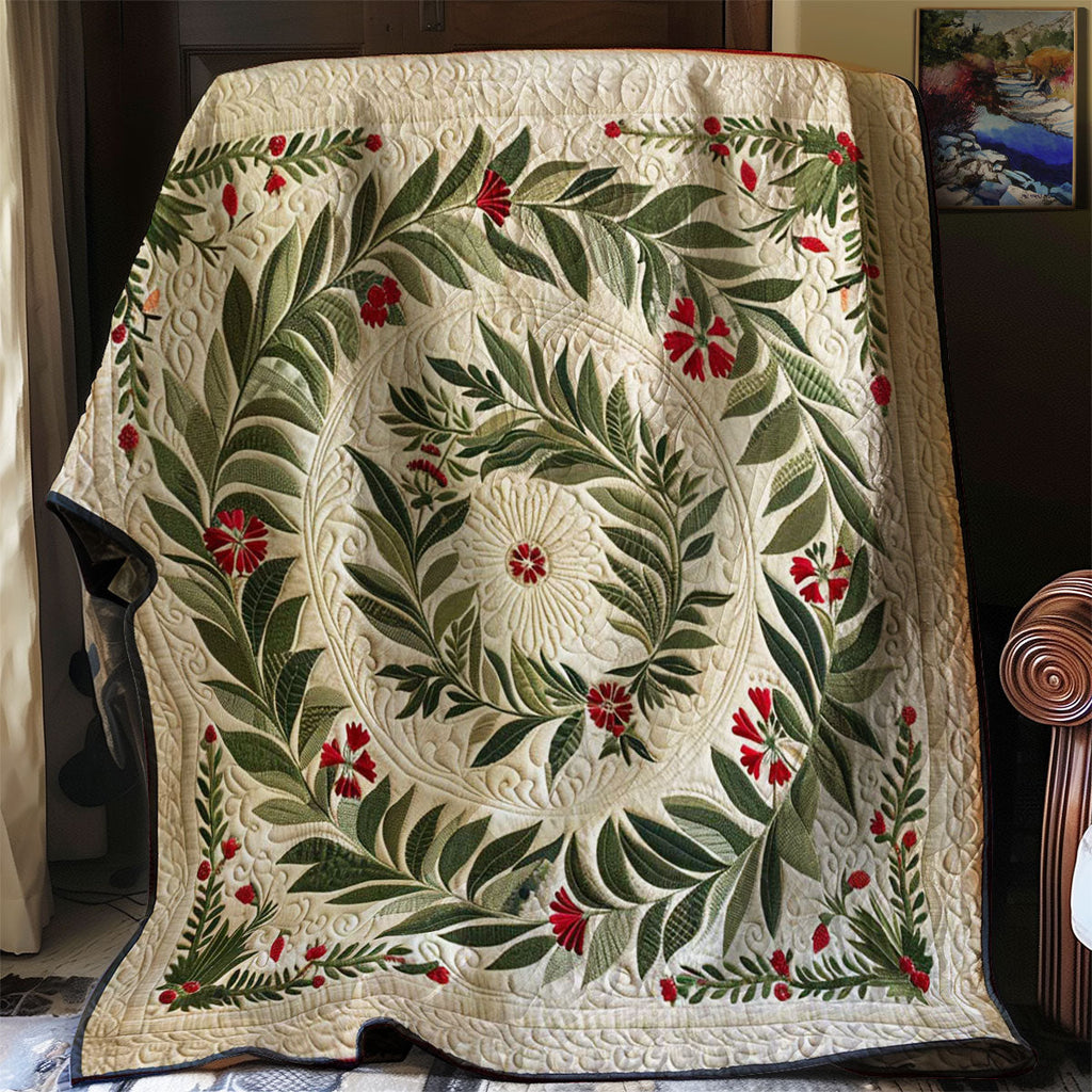 Evergreen Wreath quilted throw – green leaf wreath with red berries on cream