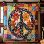 Flower Peace Patchwork quilted throw – flower-filled peace sign with patchwork squares