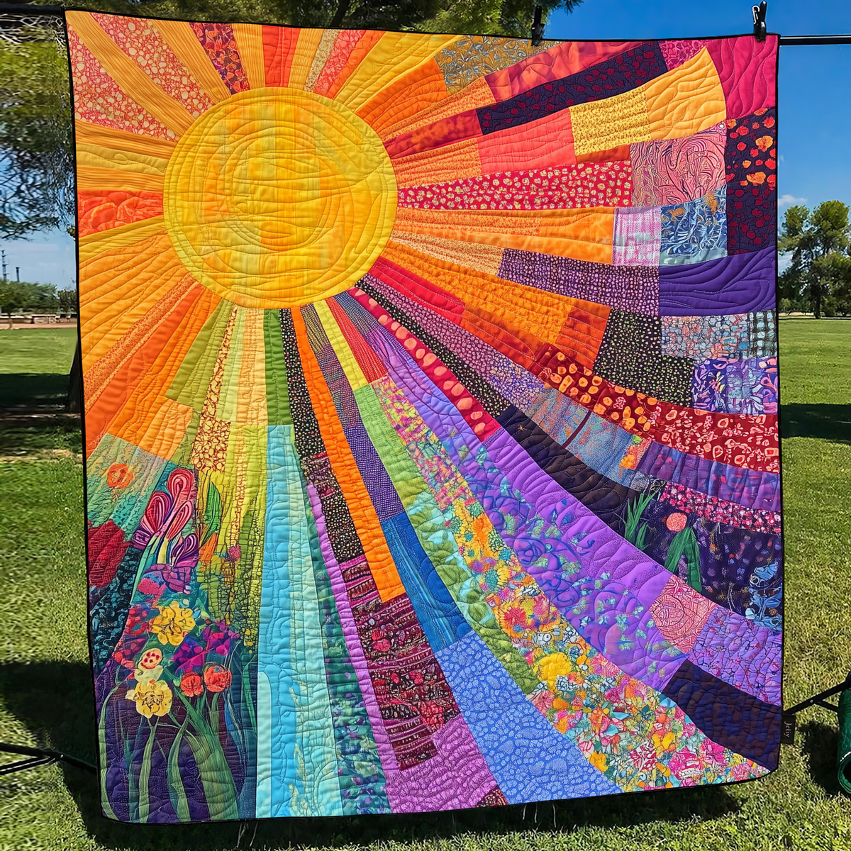 Rainbow Sunburst quilted throw – golden sun with rainbow patchwork rays