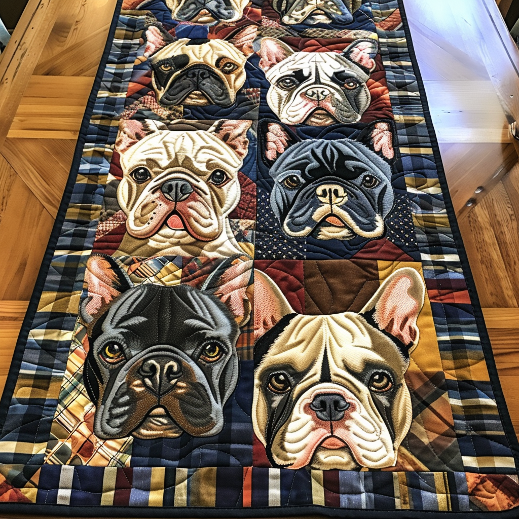 Frenchie Faces quilted table runner – french bulldog faces in patchwork