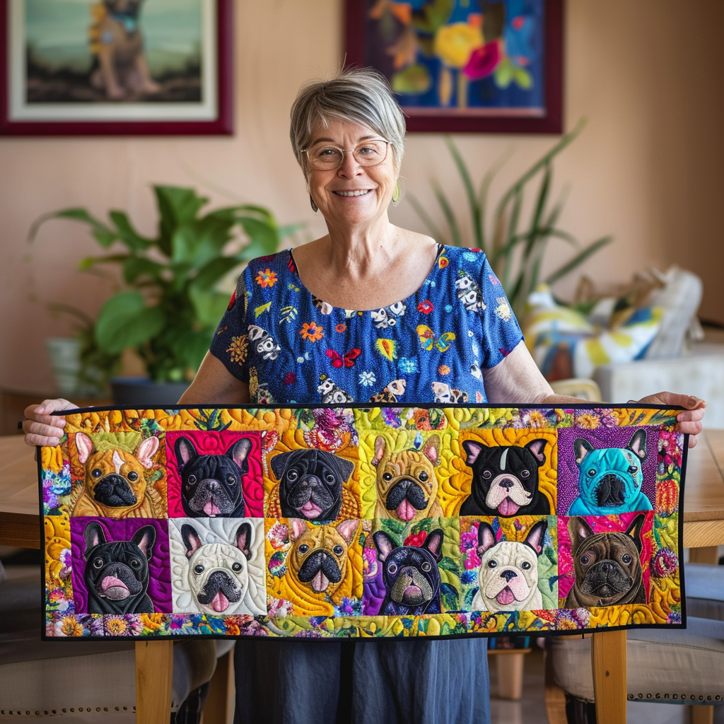 Frenchie Patchwork quilted table runner – french bulldogs in bright squares