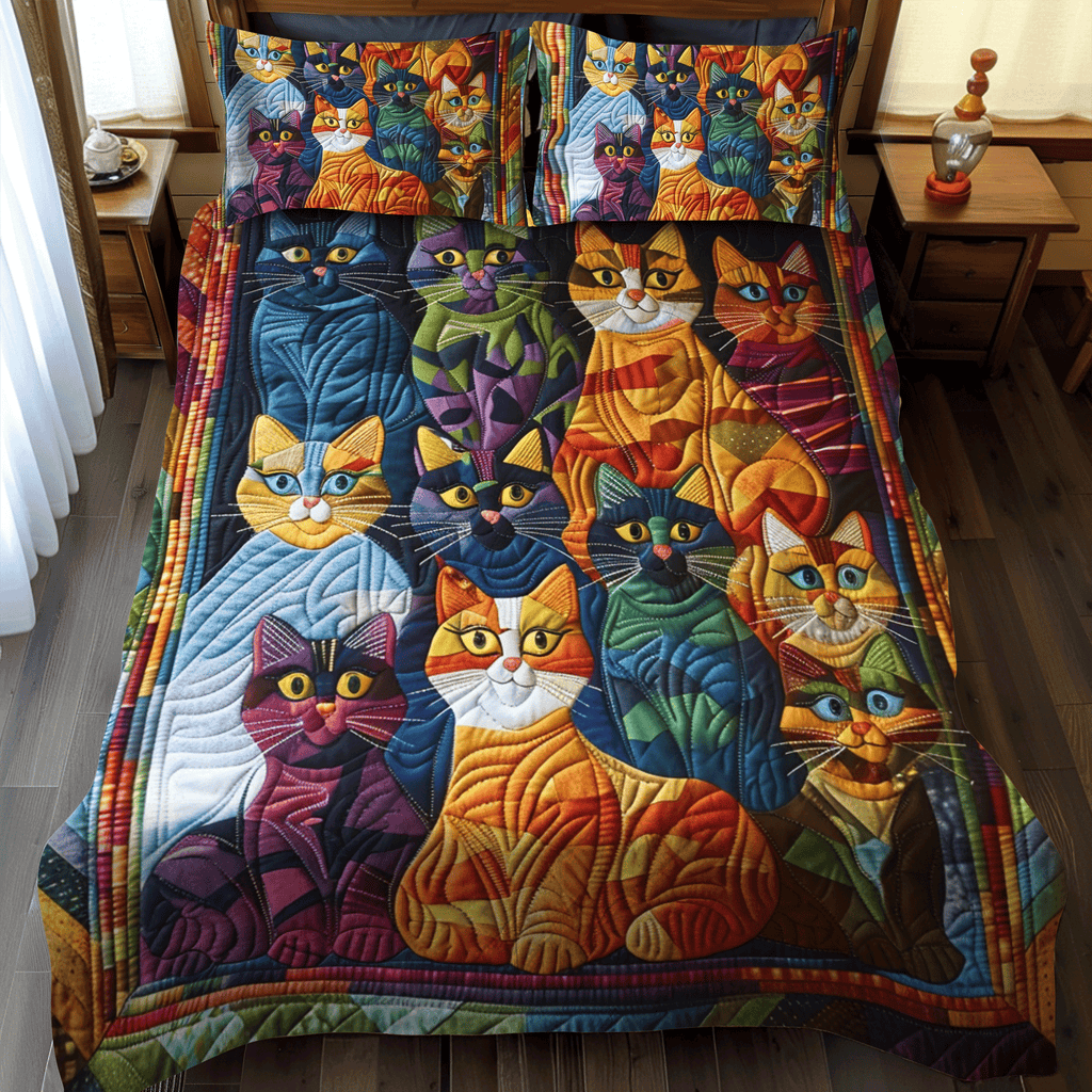 Colourful Cats quilted bedspread set – a gathering of colourful cats