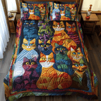 Colourful Cats quilted bedspread set – a gathering of colourful cats