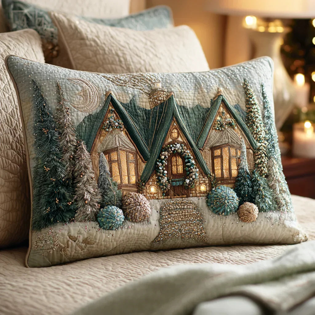 Quilted pillowcase with the Crystal Morning design, silver and white frost crystals in pale winter light across the wave-stitch quilted front