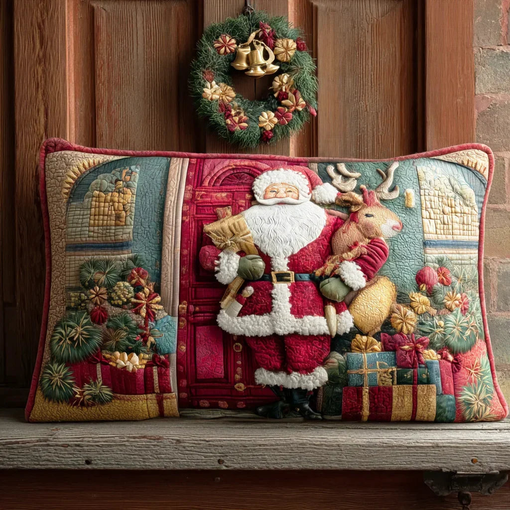 Quilted pillowcase with the Father Christmas design showing Father Christmas in his red coat among snowflakes and small parcels