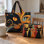 Mystic Cat tote and Cat Spirit makeup bag displayed together on a wooden table.
