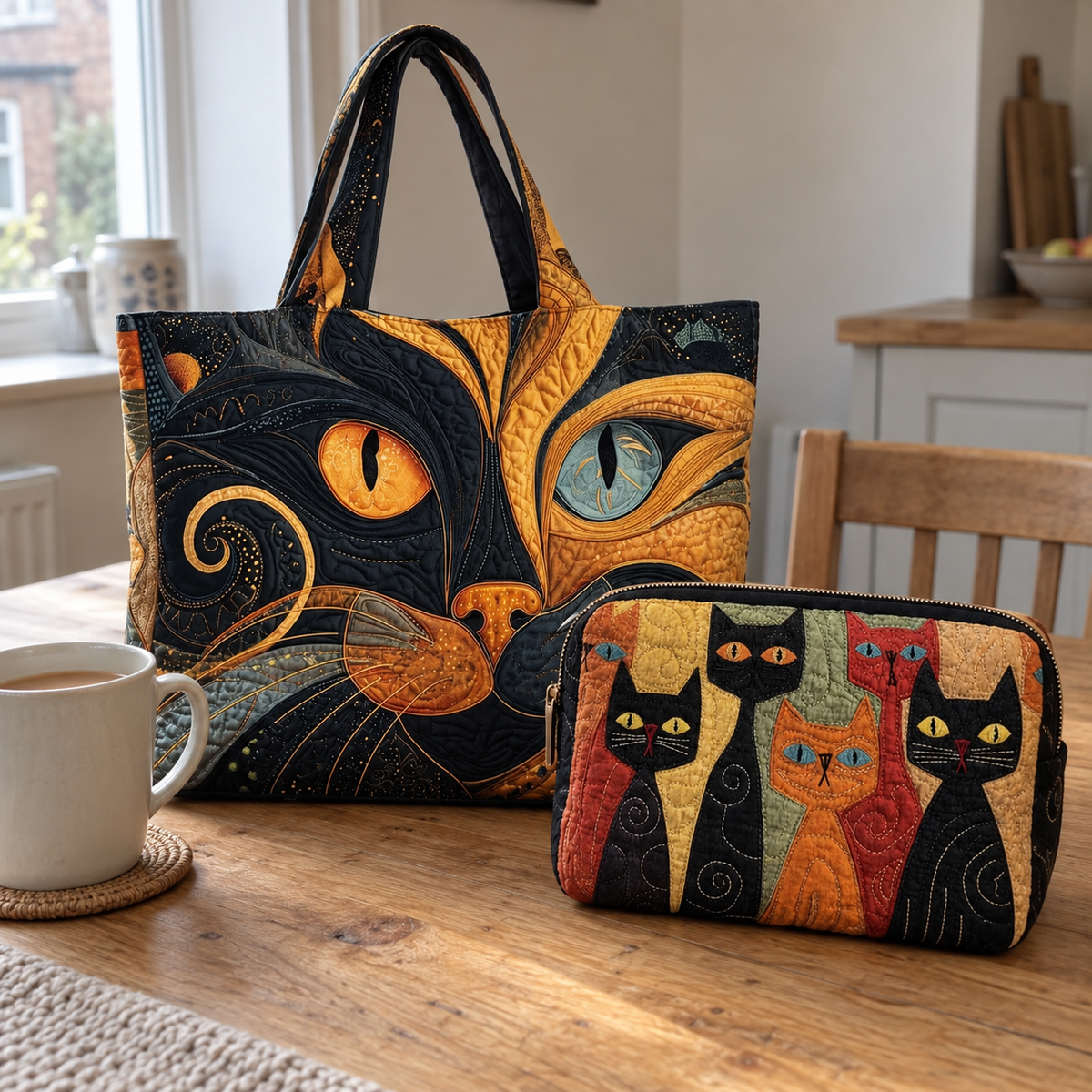 Mystic Cat tote and Cat Spirit makeup bag displayed together on a wooden table.